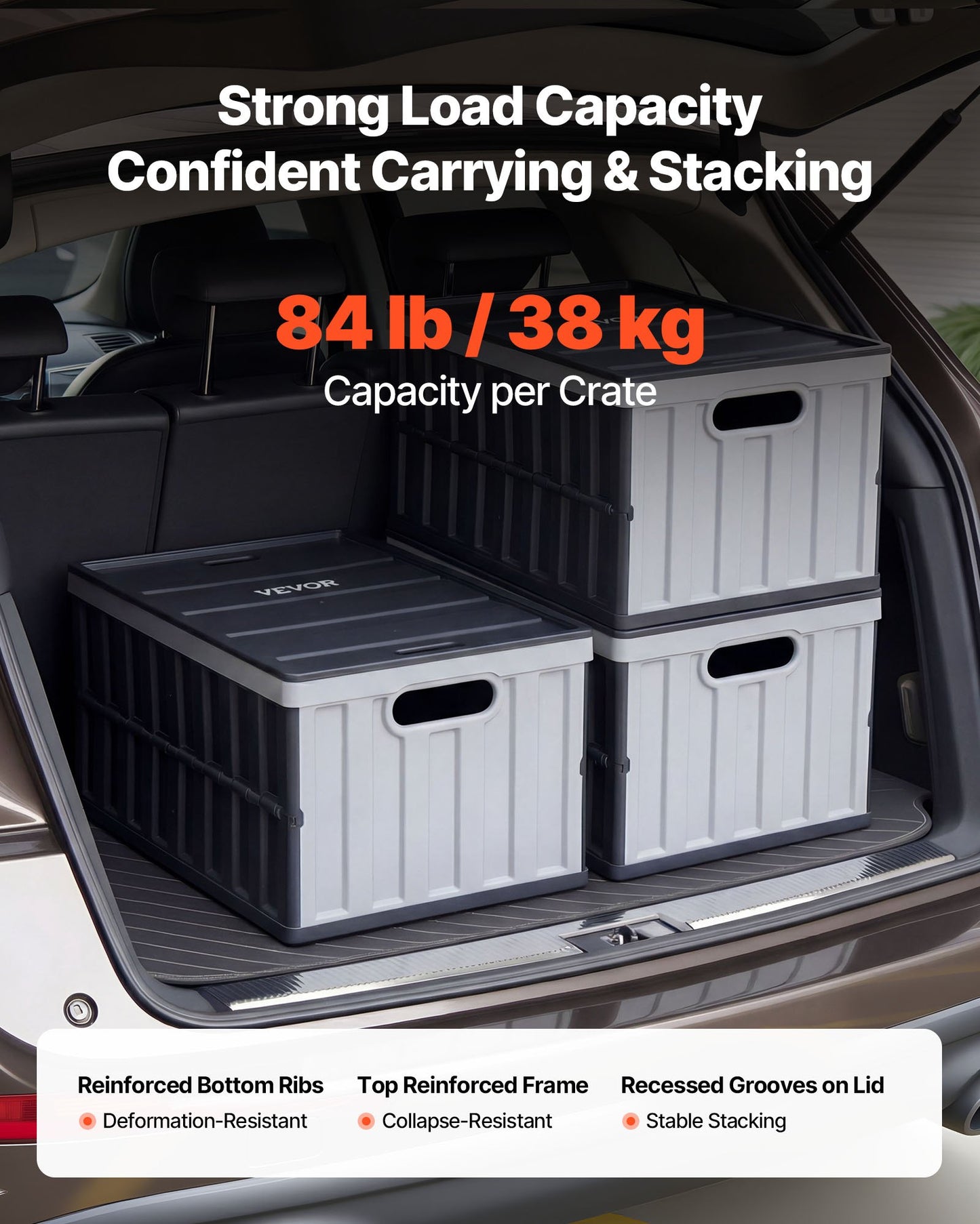 Heavy Duty Collapsible Storage Bins with Lids - 65L Stackable Folding Crates for Home Organization - Black
