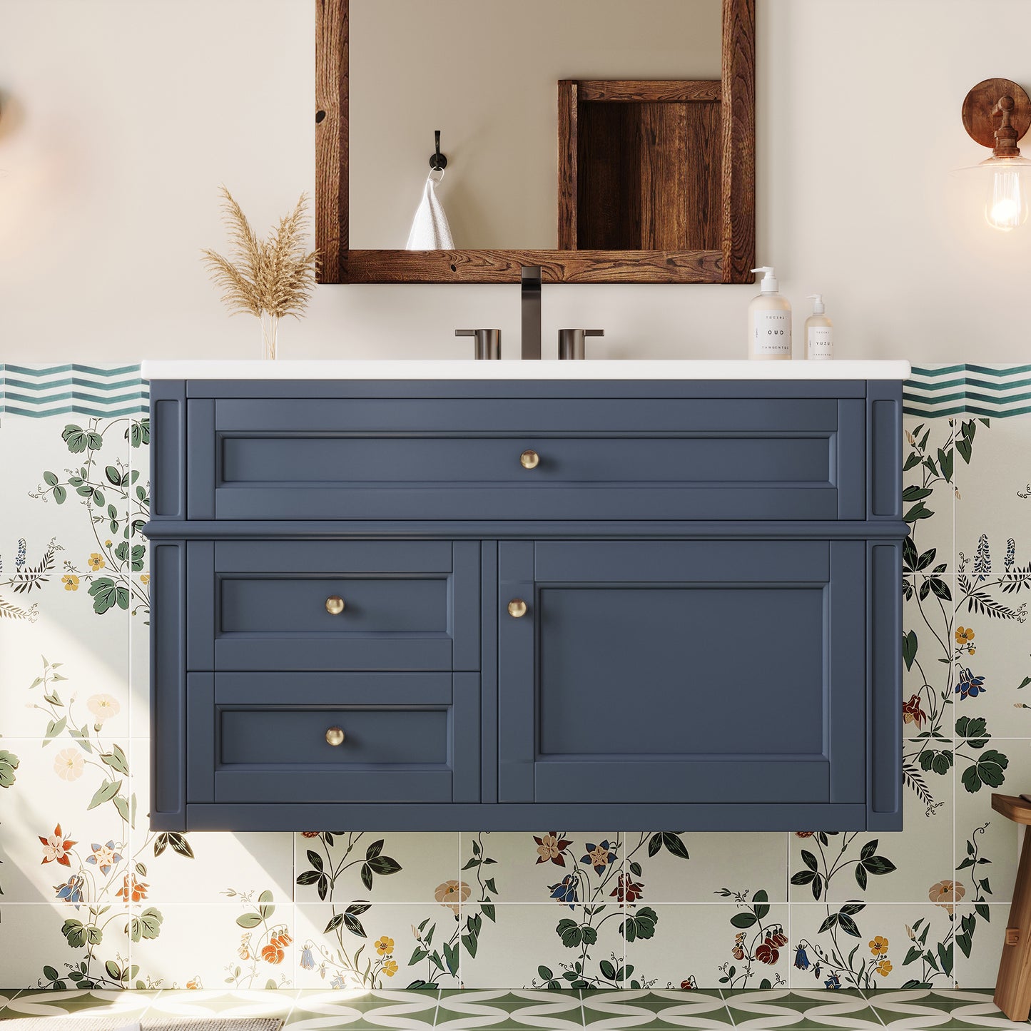 36-Inch Wall Mounted Bathroom Vanity with Ceramic Sink - Blue