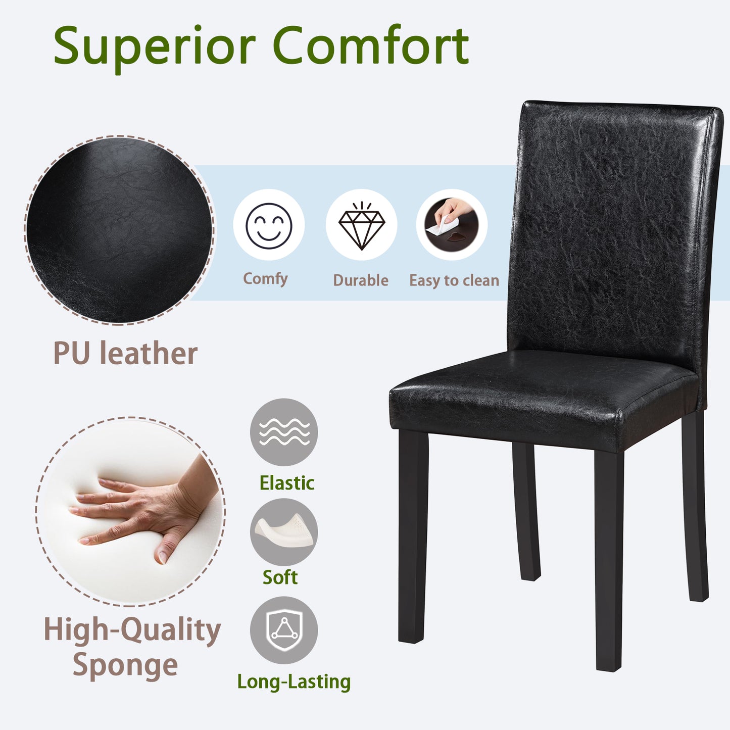 Black Padded Dining Chairs Set for 4 - Solid Rubber Wood