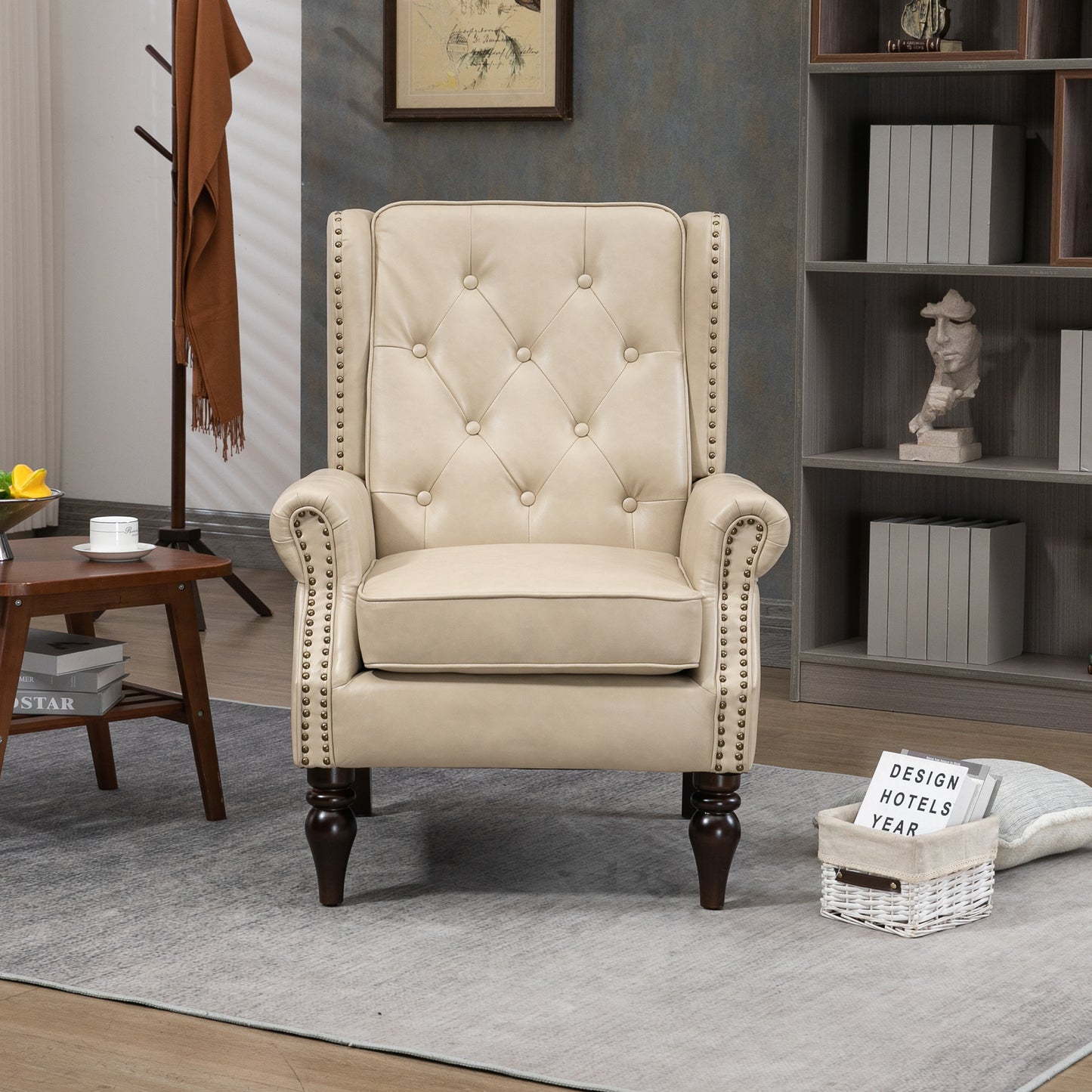 Modern Wood Frame Armchair - Camel PU Accent Chair
