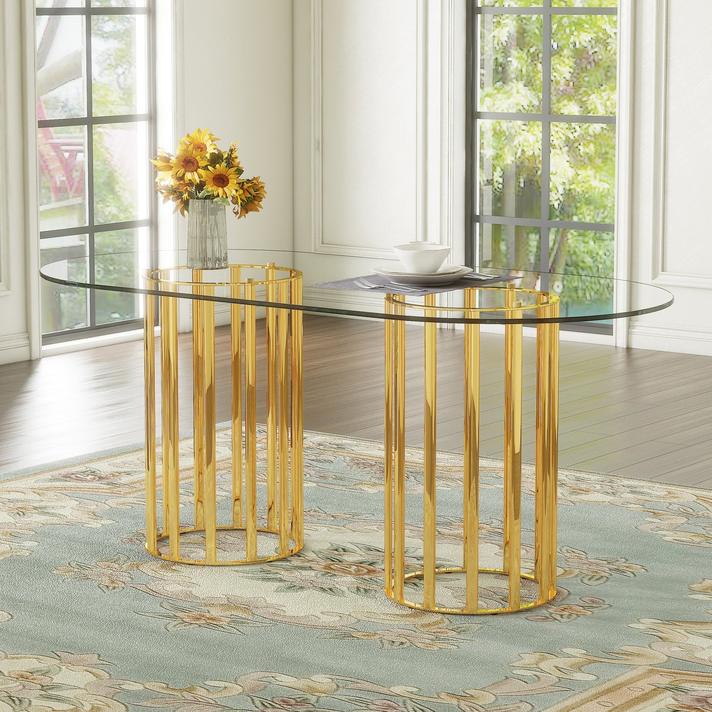 71 Inch Oval Tempered Glass Dining Table, Gold Double Column Light