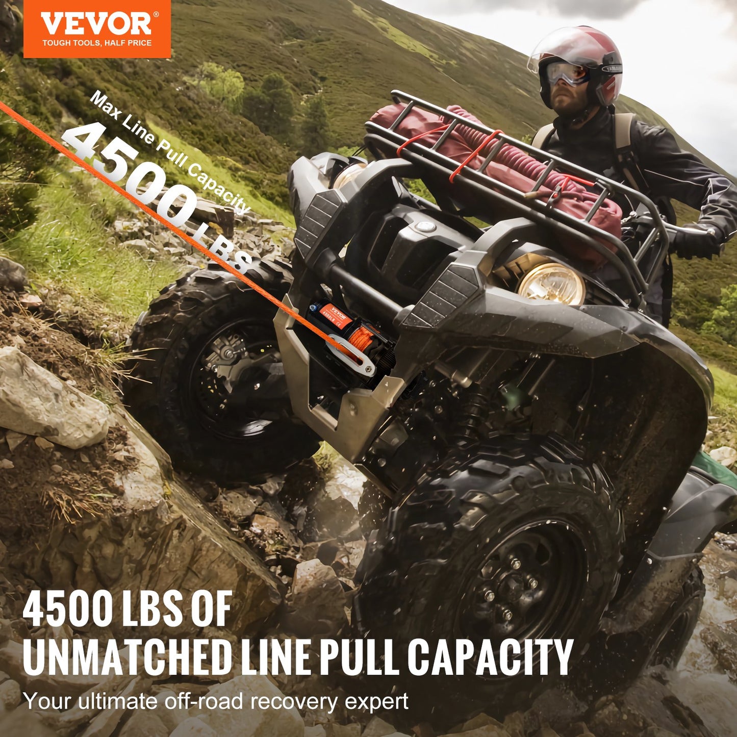 Electric Winch 4500 Lb Waterproof Synthetic Rope for ATV UTV Off-Road Recovery - Black