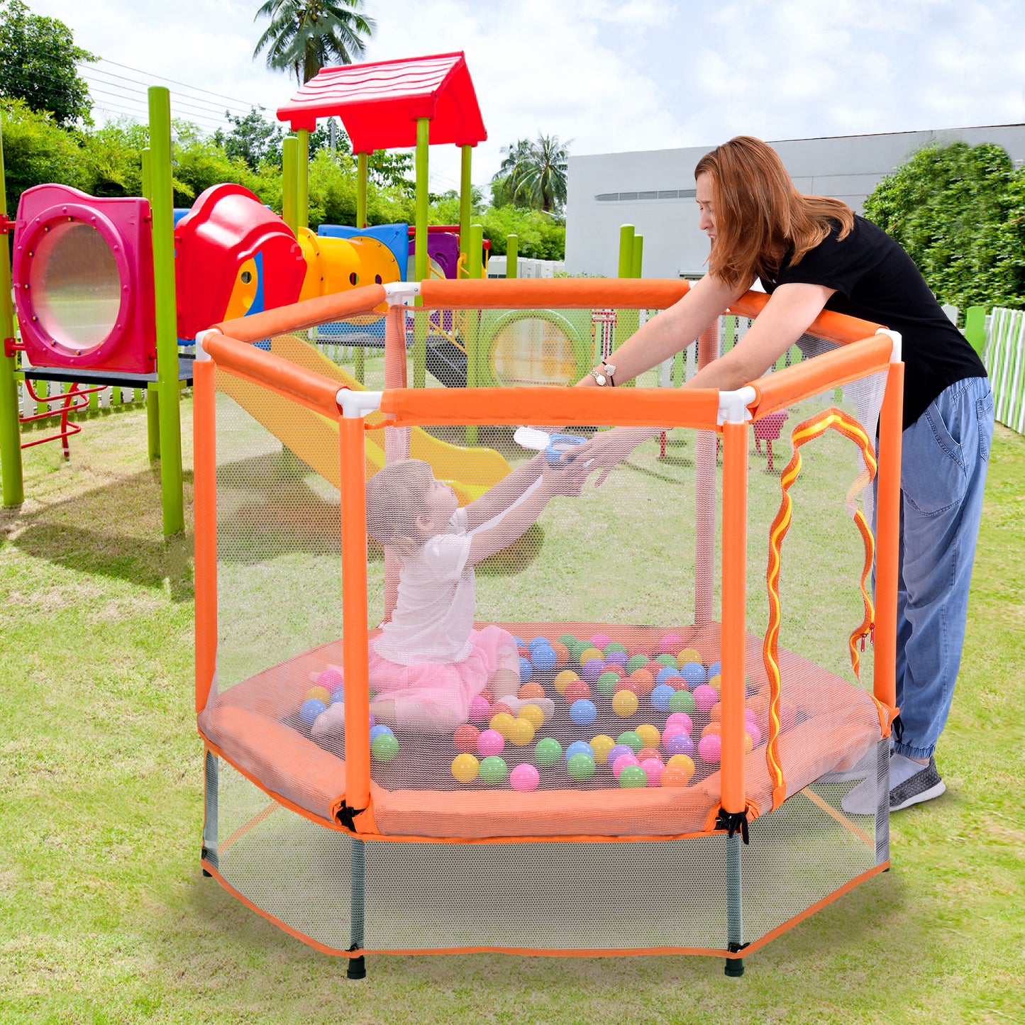 55 Toddlers Trampoline With Safety Enclosure Net And Balls, Indoor