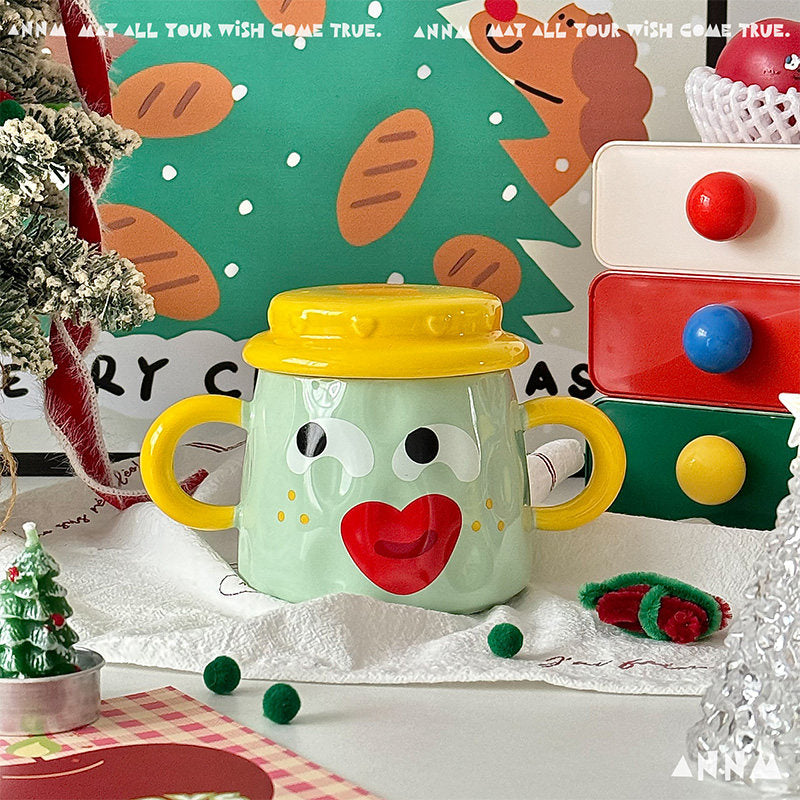 Ceramic Double-Handled Mug with Lid - Creative Kitchen Drinkware
