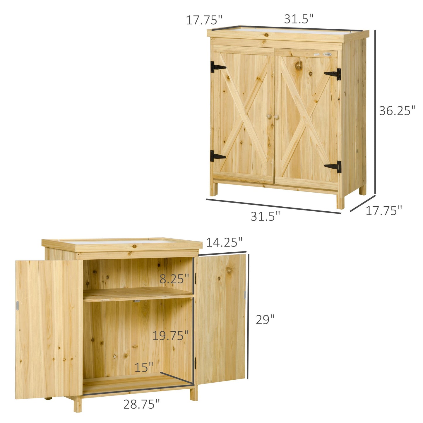 Outdoor Garden Storage Cabinet with Galvanized Steel Top - Natural Wood, 970x510x260 mm