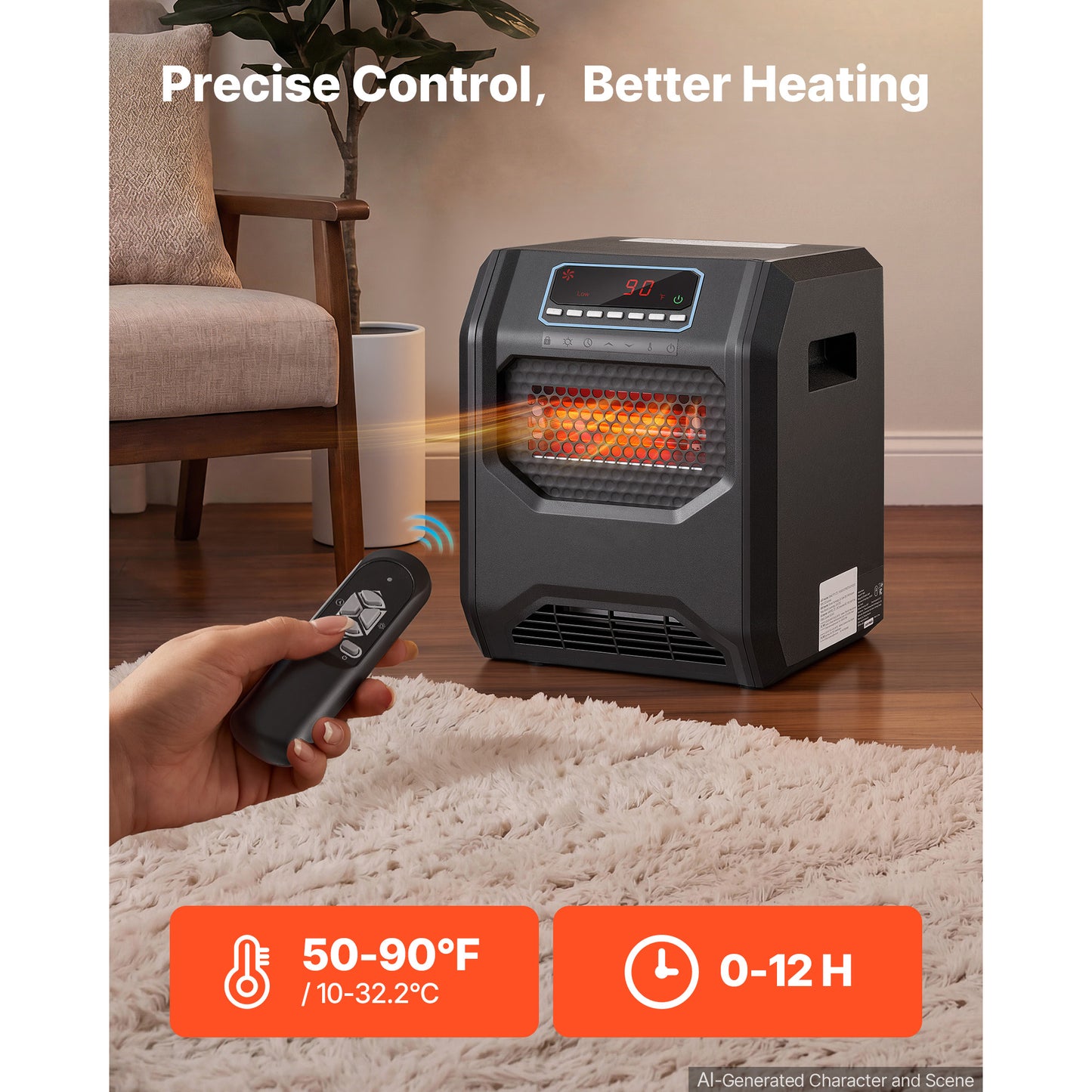 1500W Infrared Space Heater with Remote Control for Indoor Use - Black