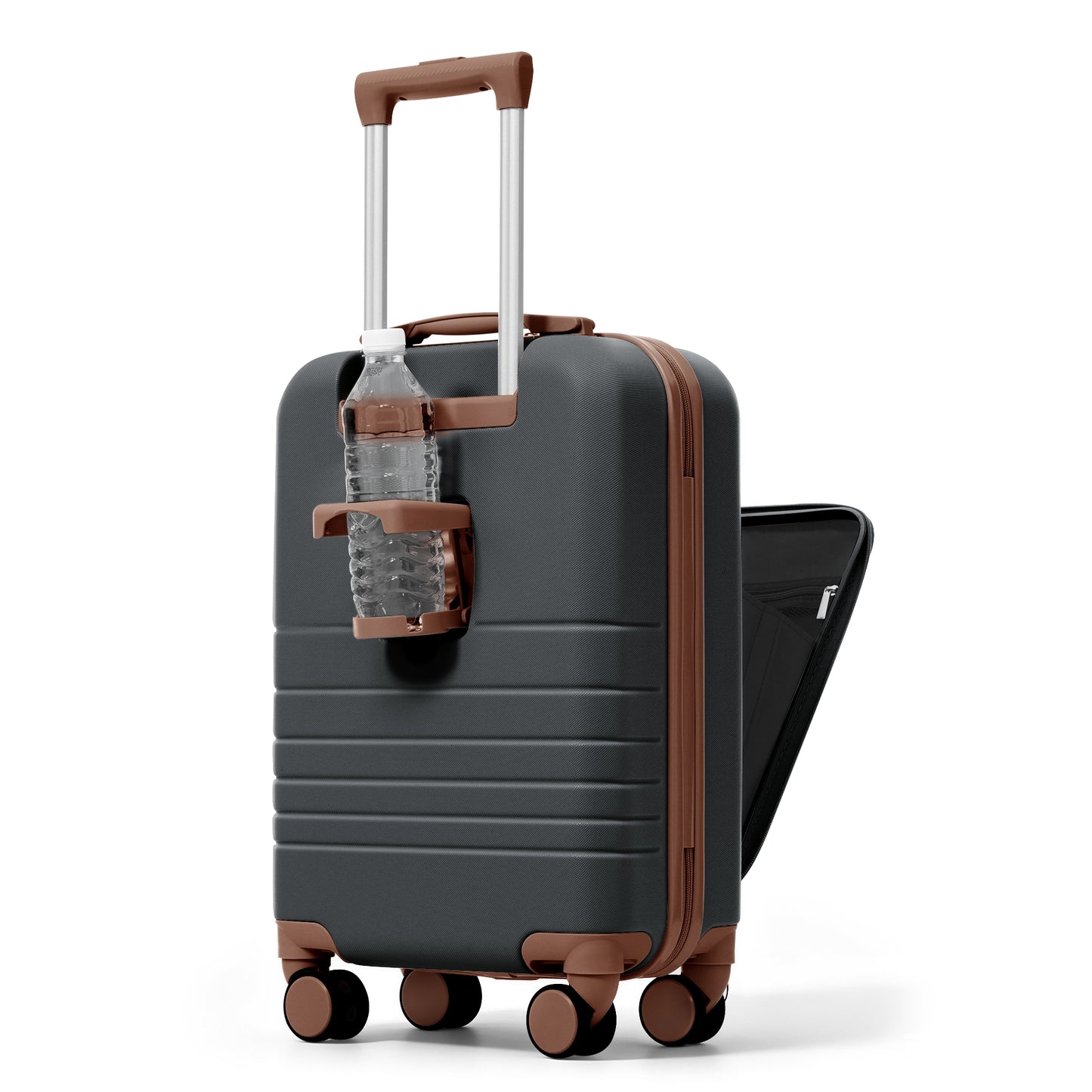 20-Inch Expandable Carry-On Luggage Set with USB Port & Cup Holder - Black+Brown