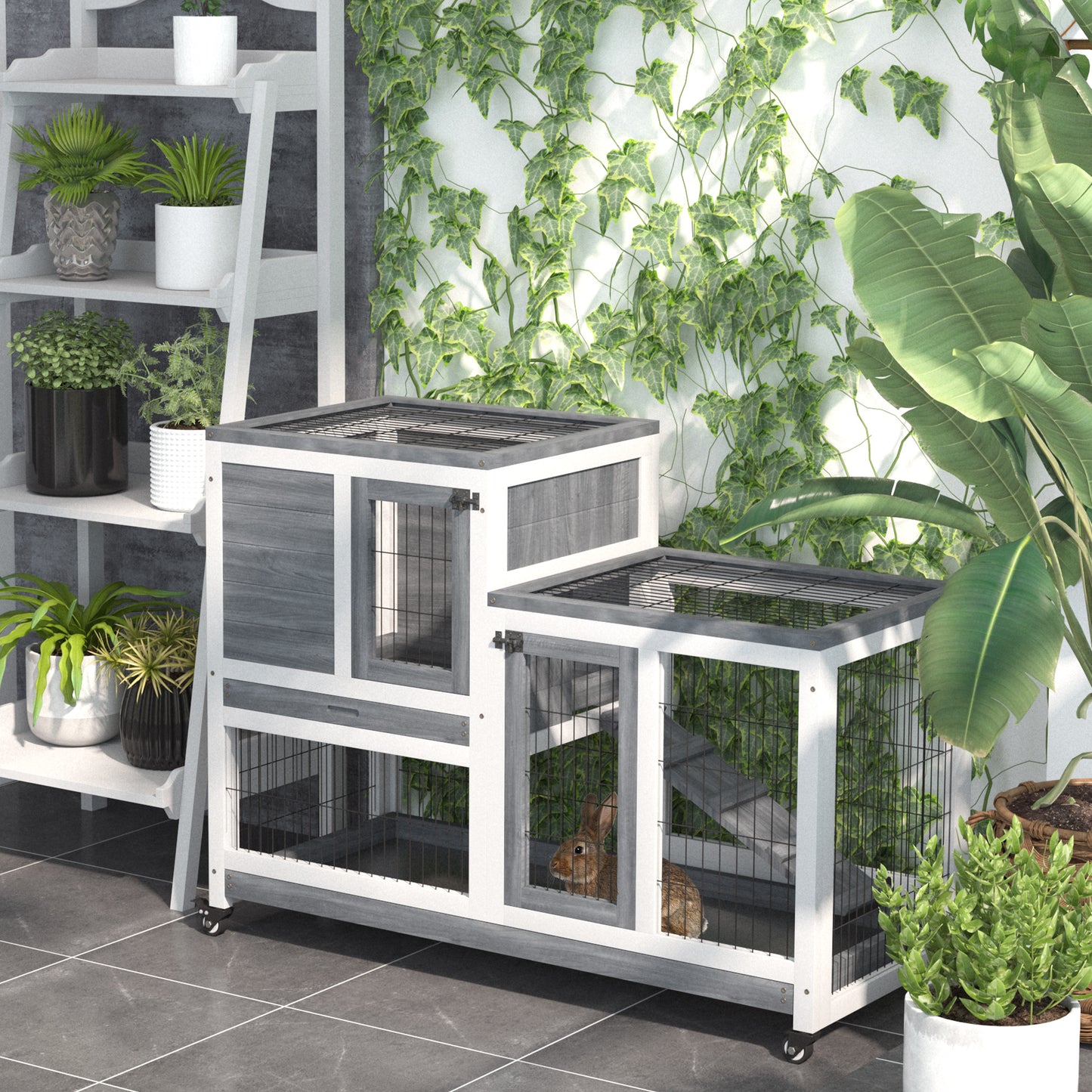 Wooden Elevated Rabbit Hutch with Wheels and Enclosed Run - Small Animal Cage