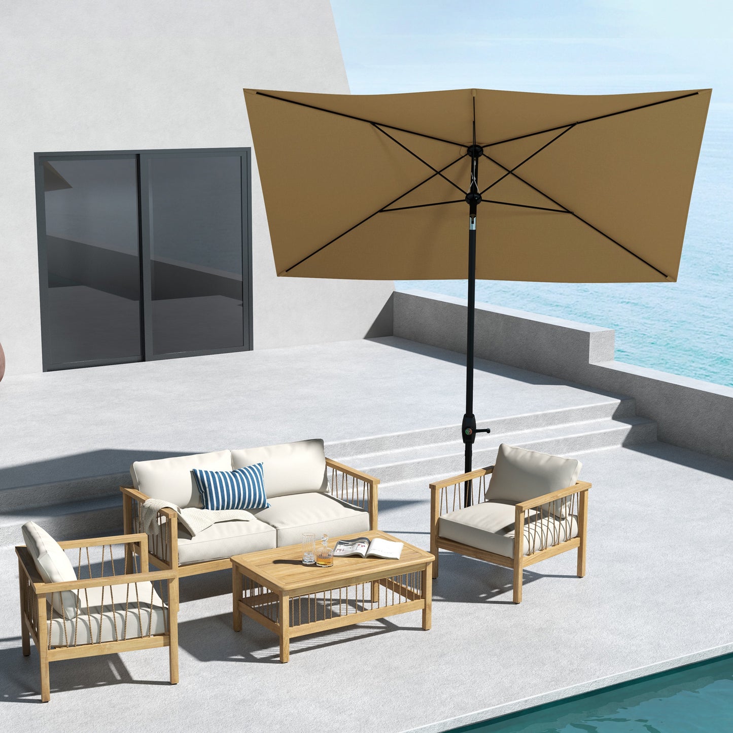 6.6' x 10' Rectangular Market Umbrella with Crank & Tilt - Coffee