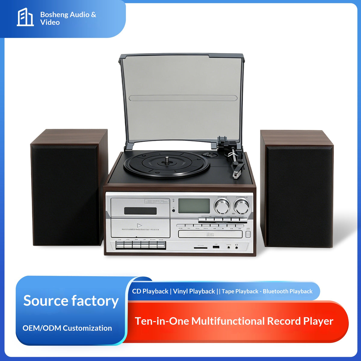 Multifunction 10-in-1 Vinyl Record Player with CD, Tape, Radio & Bluetooth