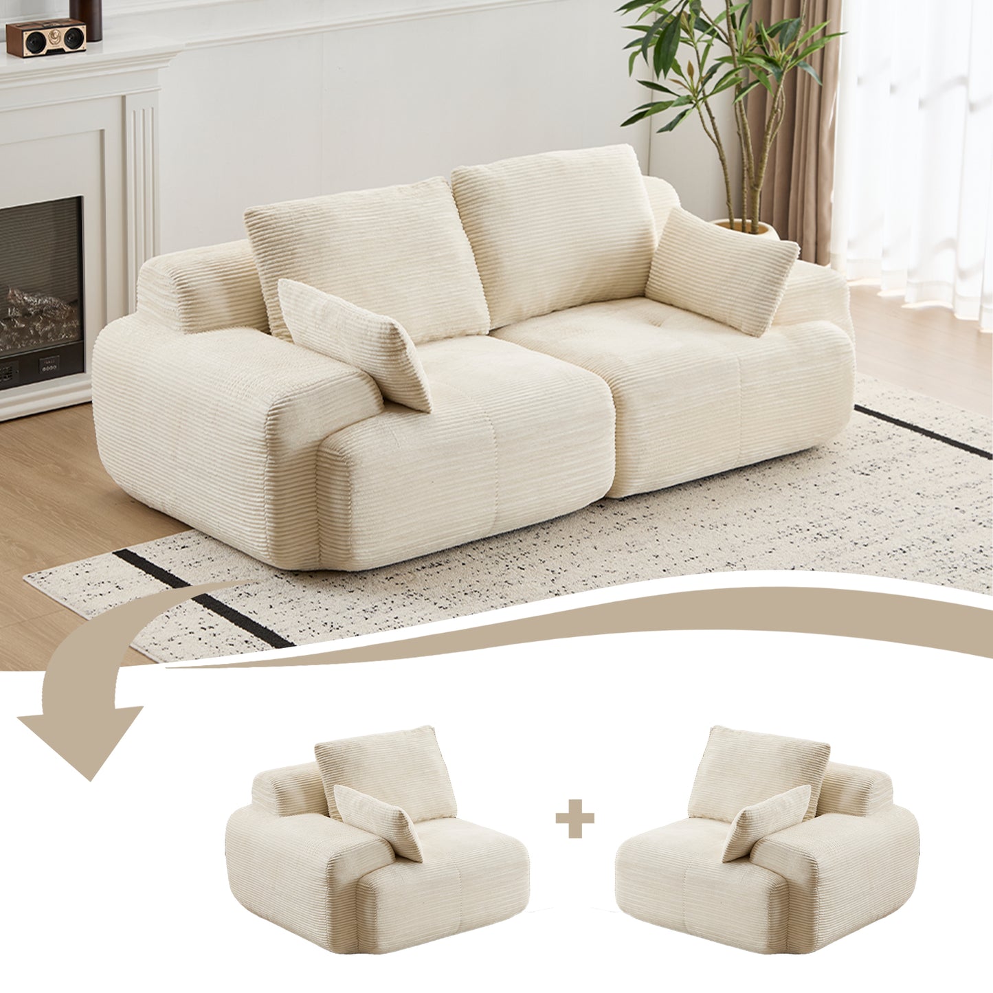 Memory Foam 2-Seater Sectional Sofa - Beige Corduroy