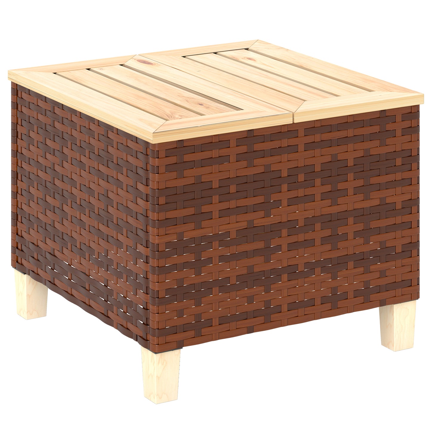Outdoor Side Table with PE Rattan & Natural Fir Wood Top - Brown