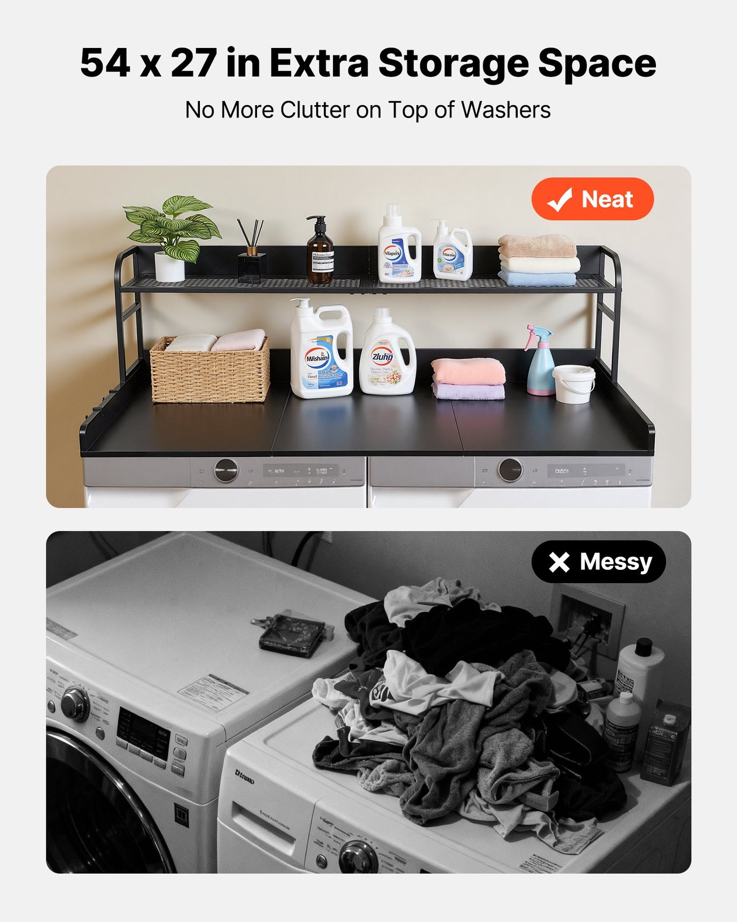 Wooden Washer Dryer Countertop with Shelf and Hooks - 54 x 27.5 in Laundry Storage