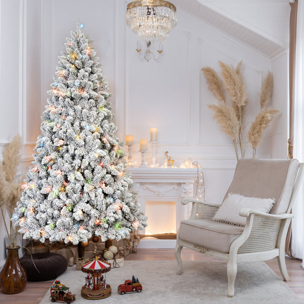 4ft Flocked Christmas Tree with Colorful LED Lights & Hinged Base