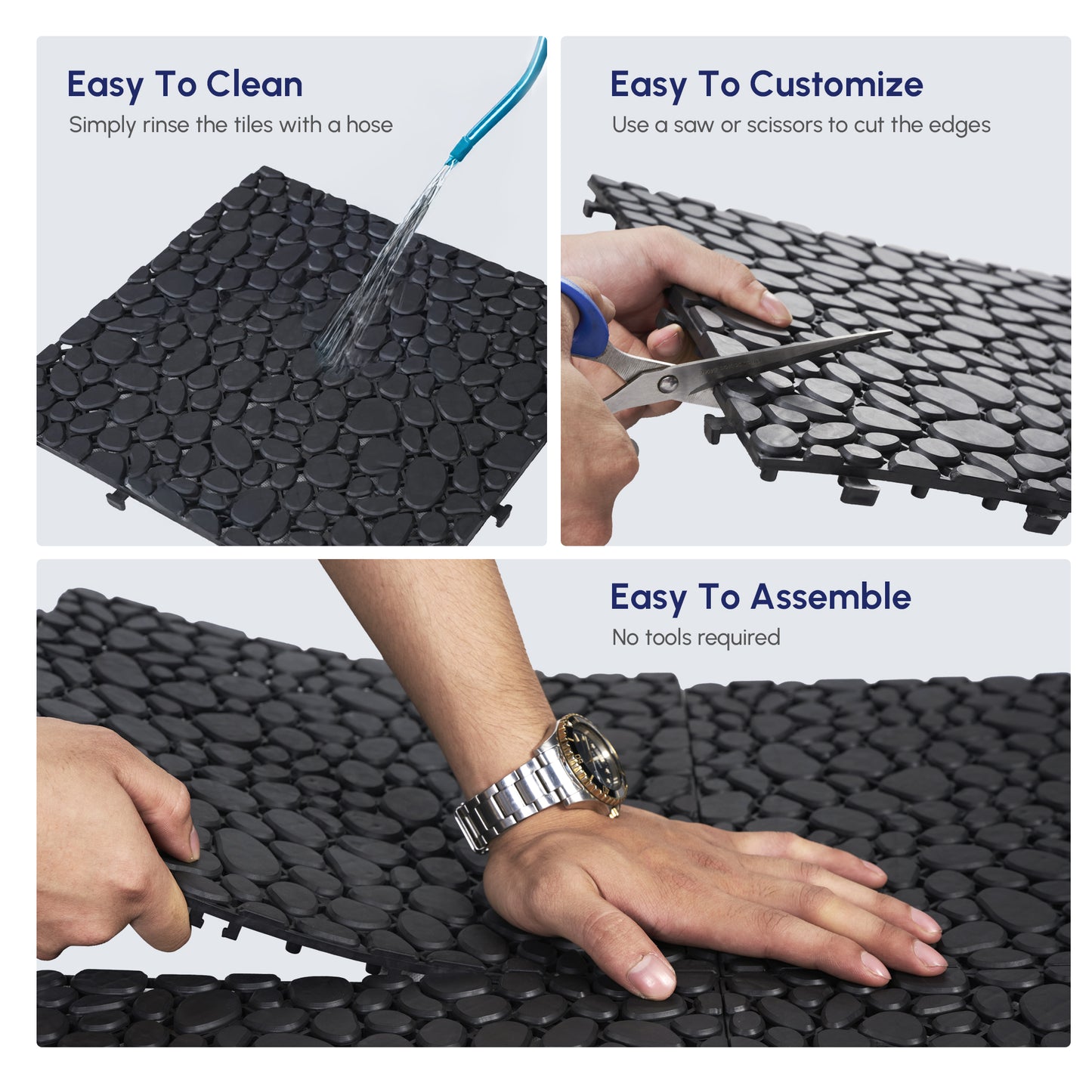 12x12 Inch Plastic Interlocking Deck Tiles - Black, Pack of 12