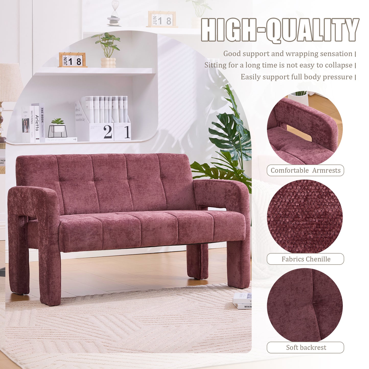 Nordic Modern Double Armchair - Compact Upholstered Sofa in Wine Red