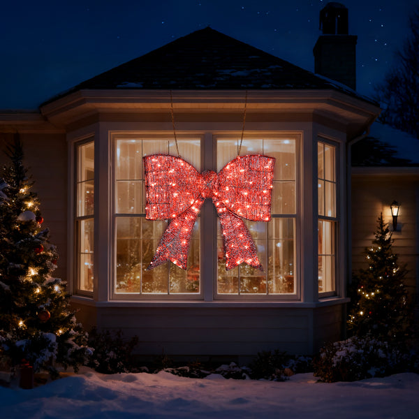 Giant Pre-Lit Christmas Bowknot Decoration with 124 LED Lights - Red