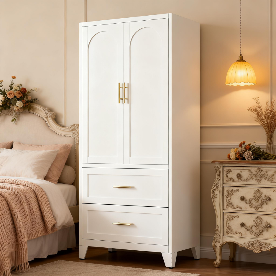 71" Tall Metal Wardrobe Cabinet with 2 Drawers and Hanging Rod - White