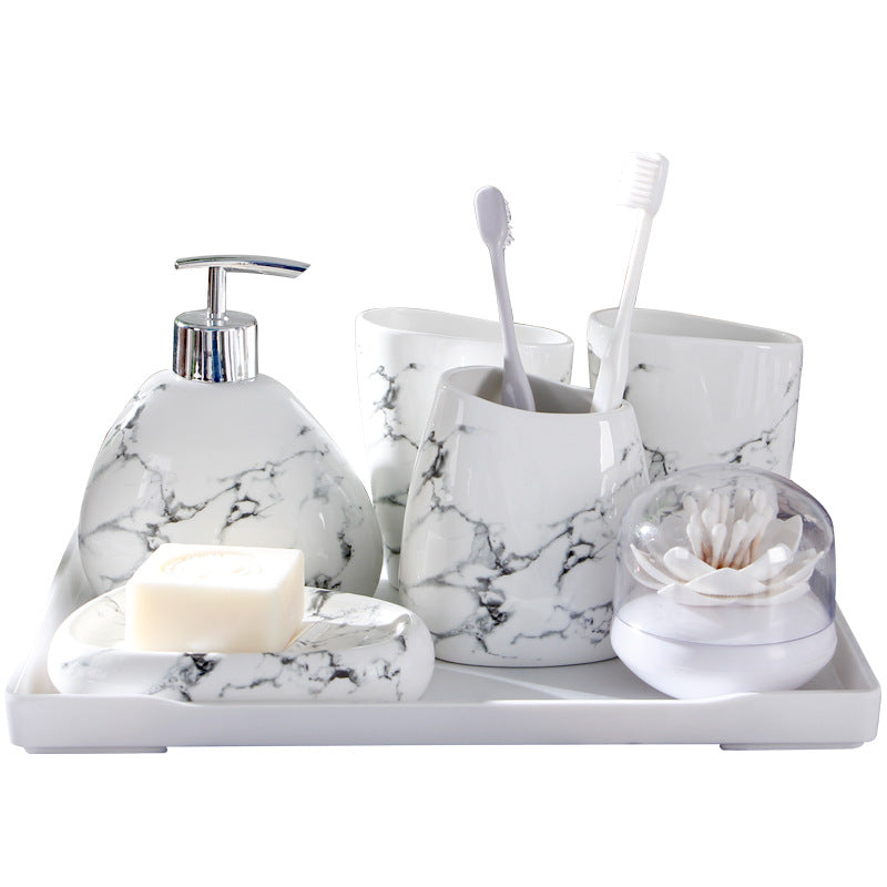 Marble Texture Ceramic Mouthwash Cup Bathroom Set - 5 or 6 Pieces