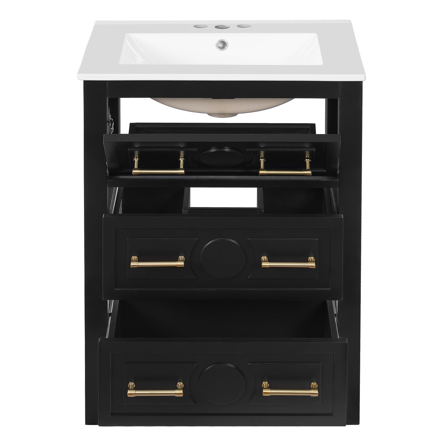 24'' Bathroom Vanity with Ceramic Sink - Black, 3 Drawers