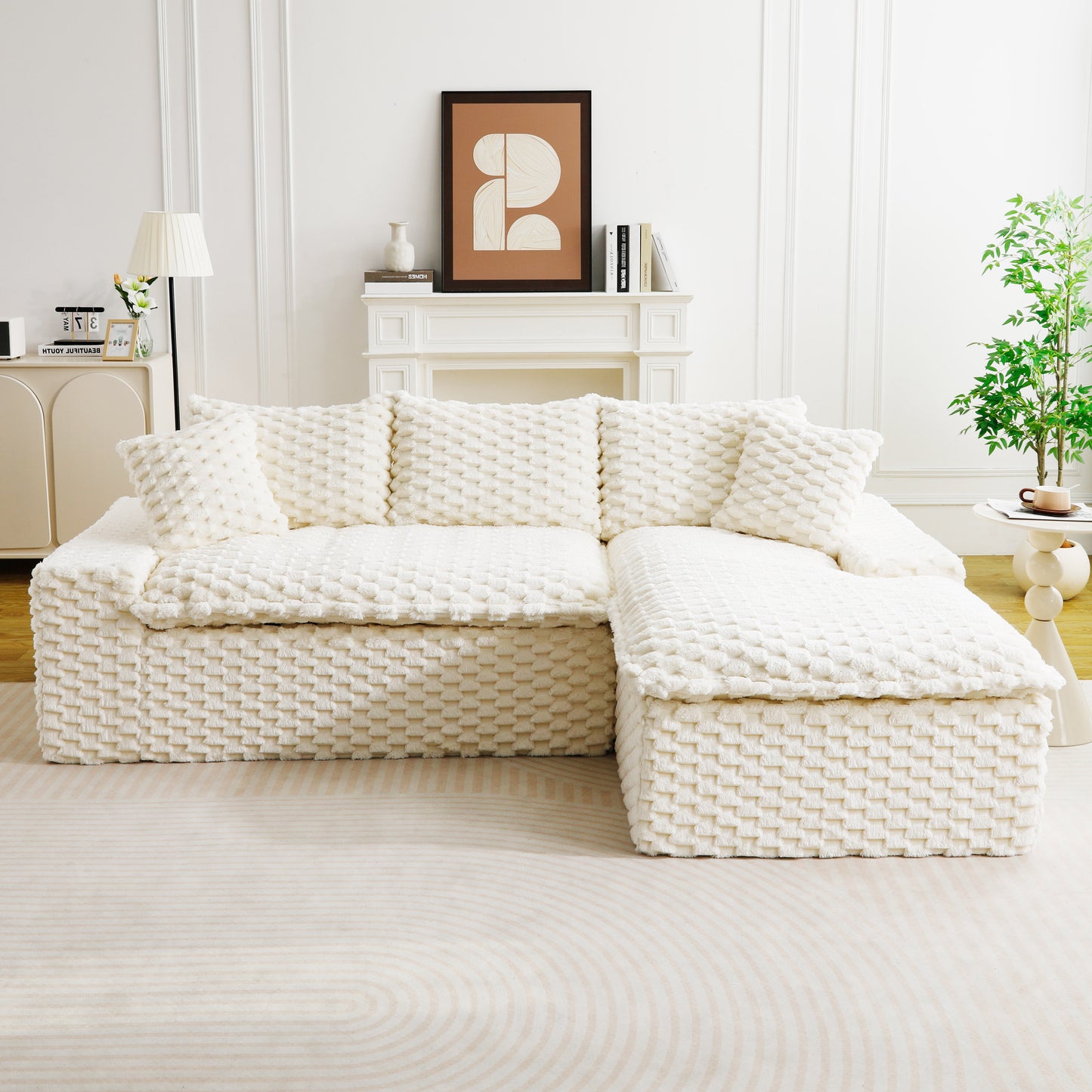 Convertible Twin-Seat Sofa with Right Chaise Lounge - White