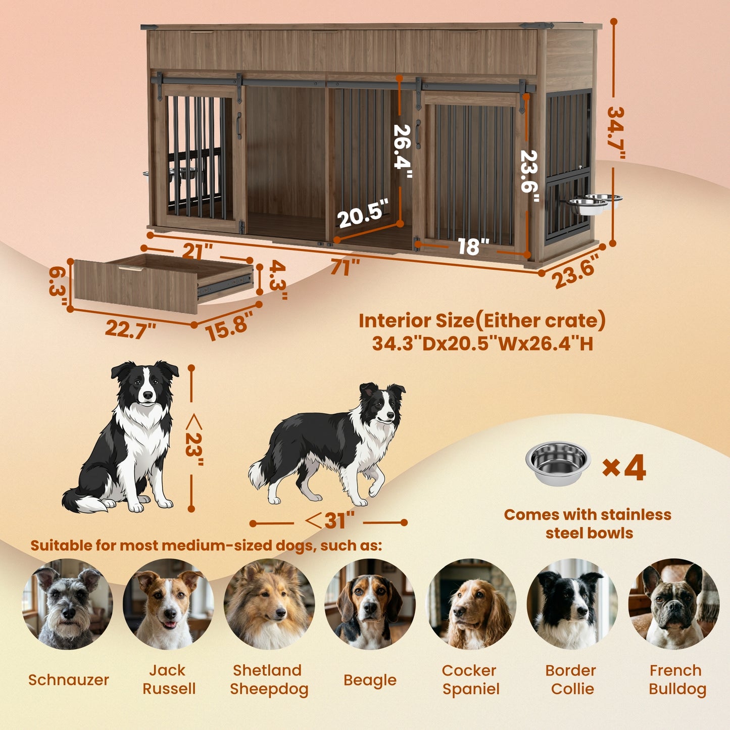 71 Furniture Style Double Dog Crate With 3 Fluted Drawers And