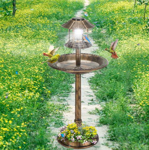 Solar Bird Bath with Bronze Finish - Outdoor Garden Decor 51x51x107cm