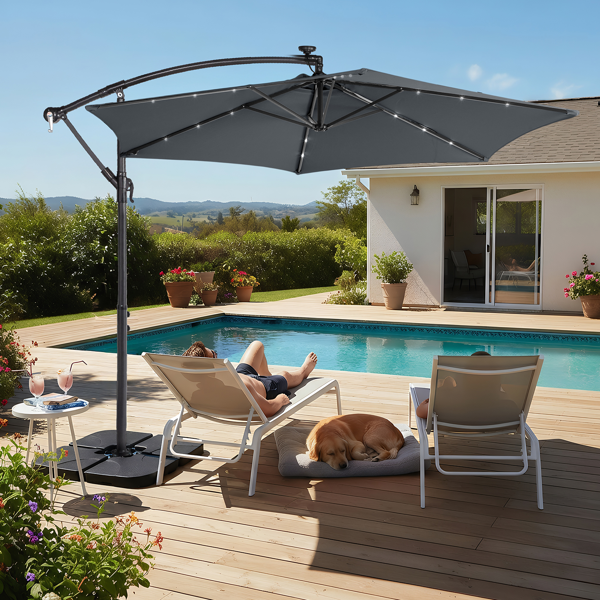 10FT Round Hanging Patio Umbrella with LED Lights & Stand - Gray
