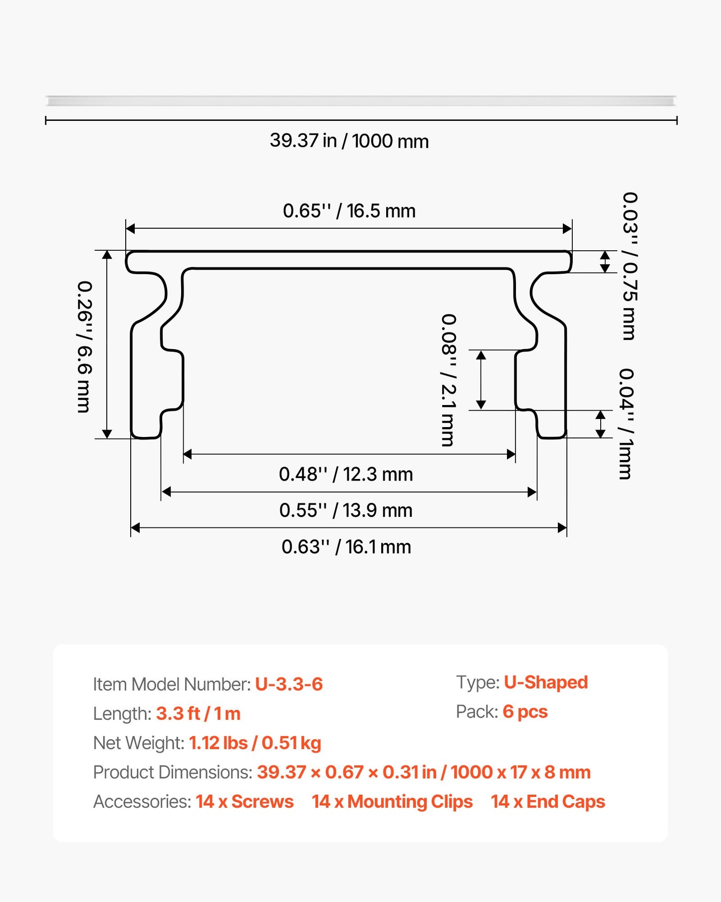 LED Aluminum Channel U Shape 3.3 Ft for Strip Light Installation - Black