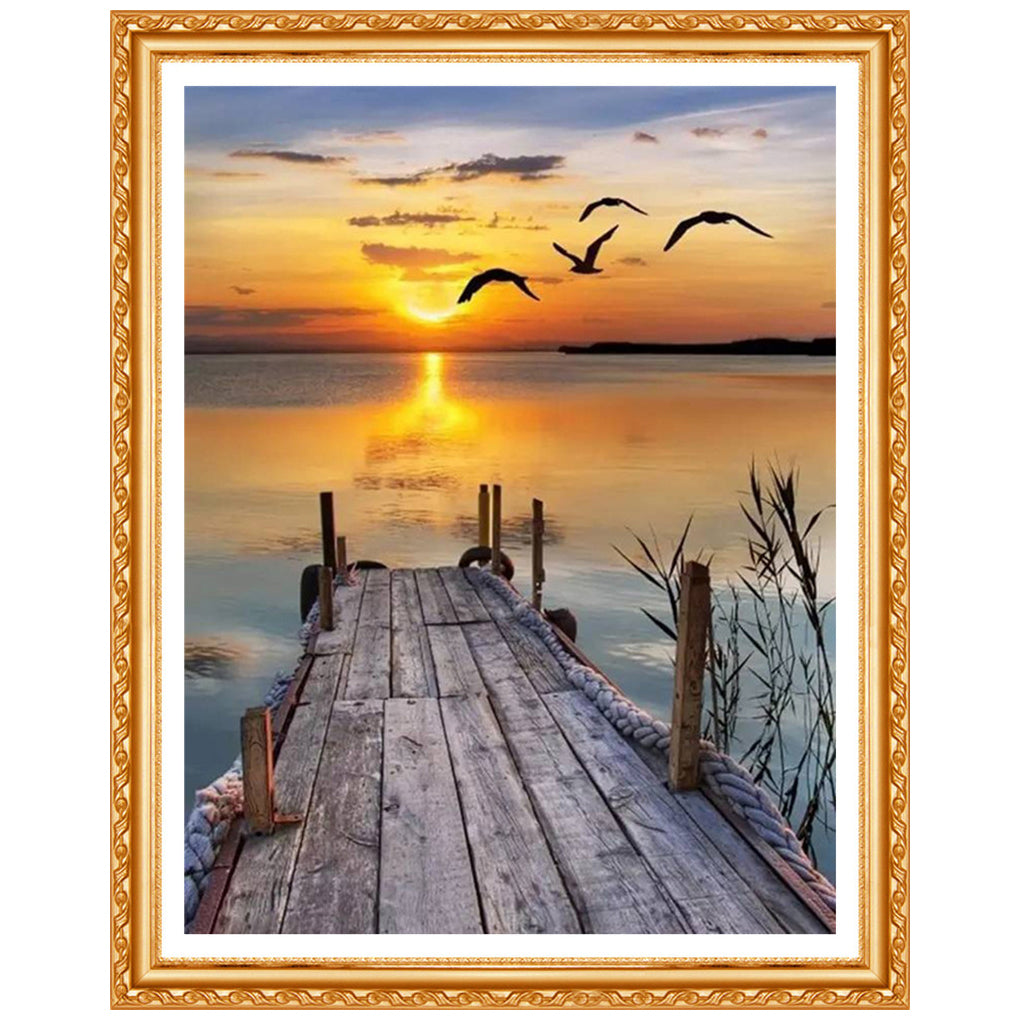 Full Square Diamond Painting Sunset Lake Scenic Cross Stitch Kit - DIY Art Craft
