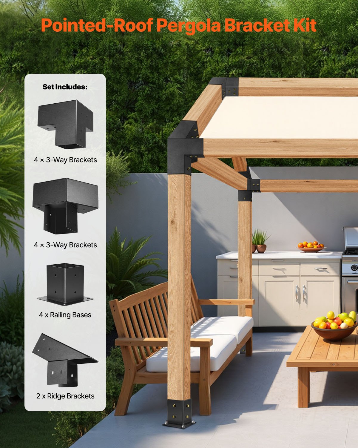 4x4 Inch Pergola Bracket Kit for Pitched Roof Wood Posts - Black