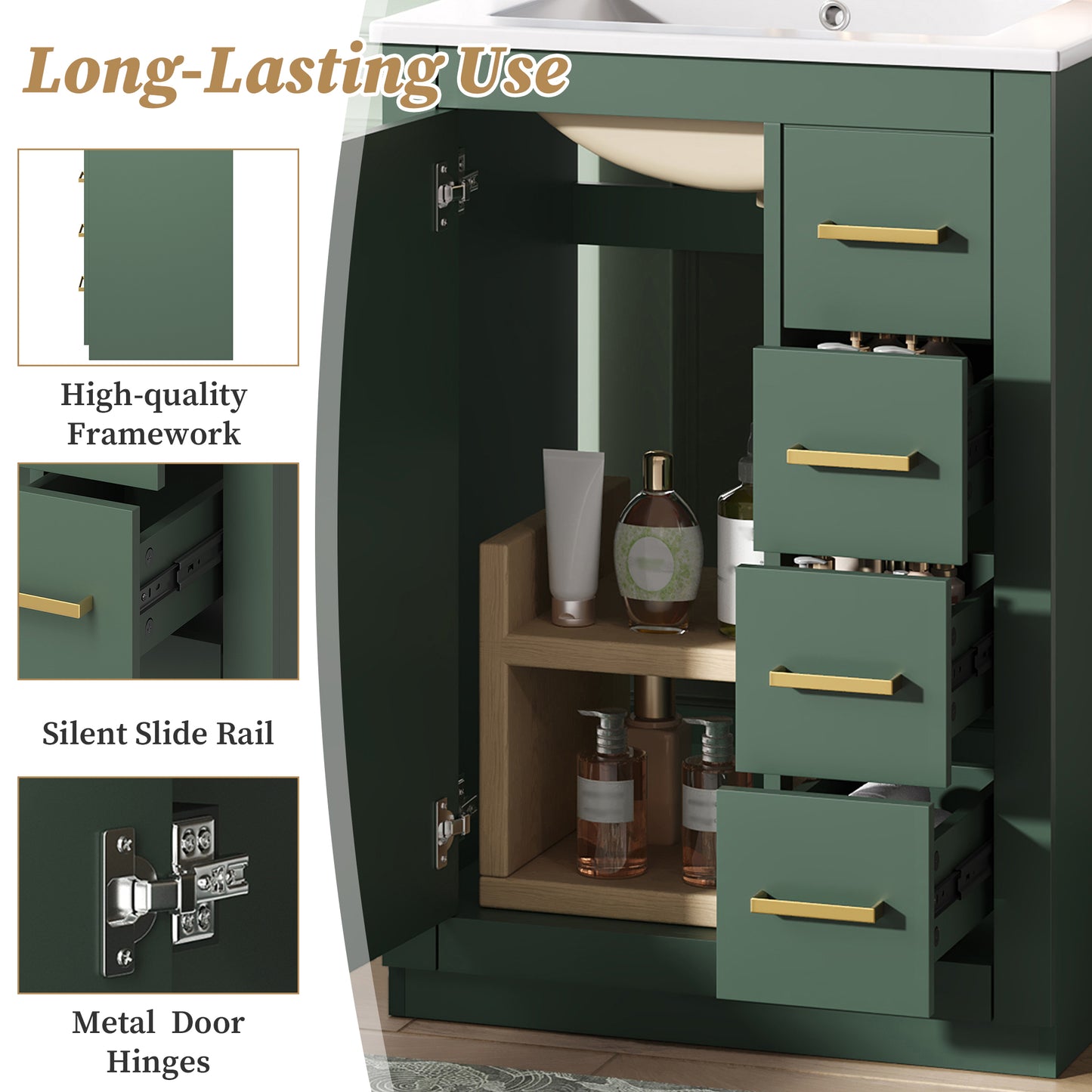 24" Green Bathroom Vanity with Integrated Ceramic Sink & 3 Drawers
