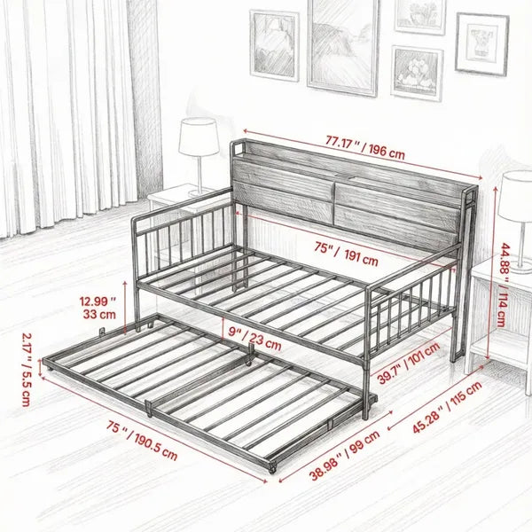 Twin Size Daybed Frame with Built-in Charging Station