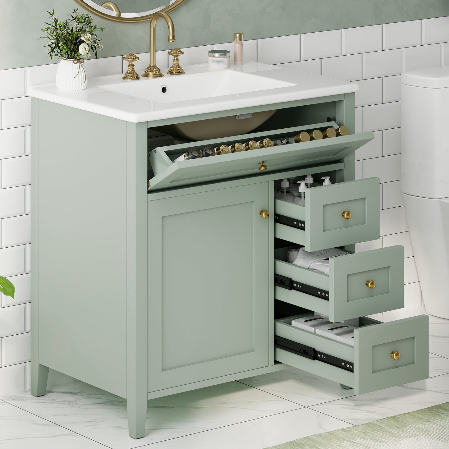 30-Inch Light Green Bathroom Vanity with Sink and Storage