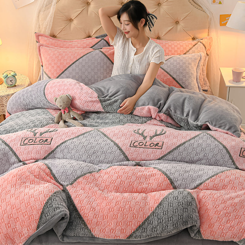 Coral Velvet Duvet Cover Set Double Sided Thick Bedding with Cartoon Patterns