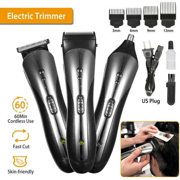 3-in-1 Men Electric Hair Clipper & Beard Trimmer Grooming Kit - Black
