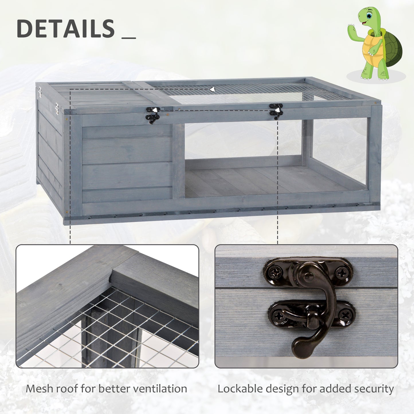 Wooden Reptile Cage with Sliding Tray for Turtles, Lizards, Snakes - Grey