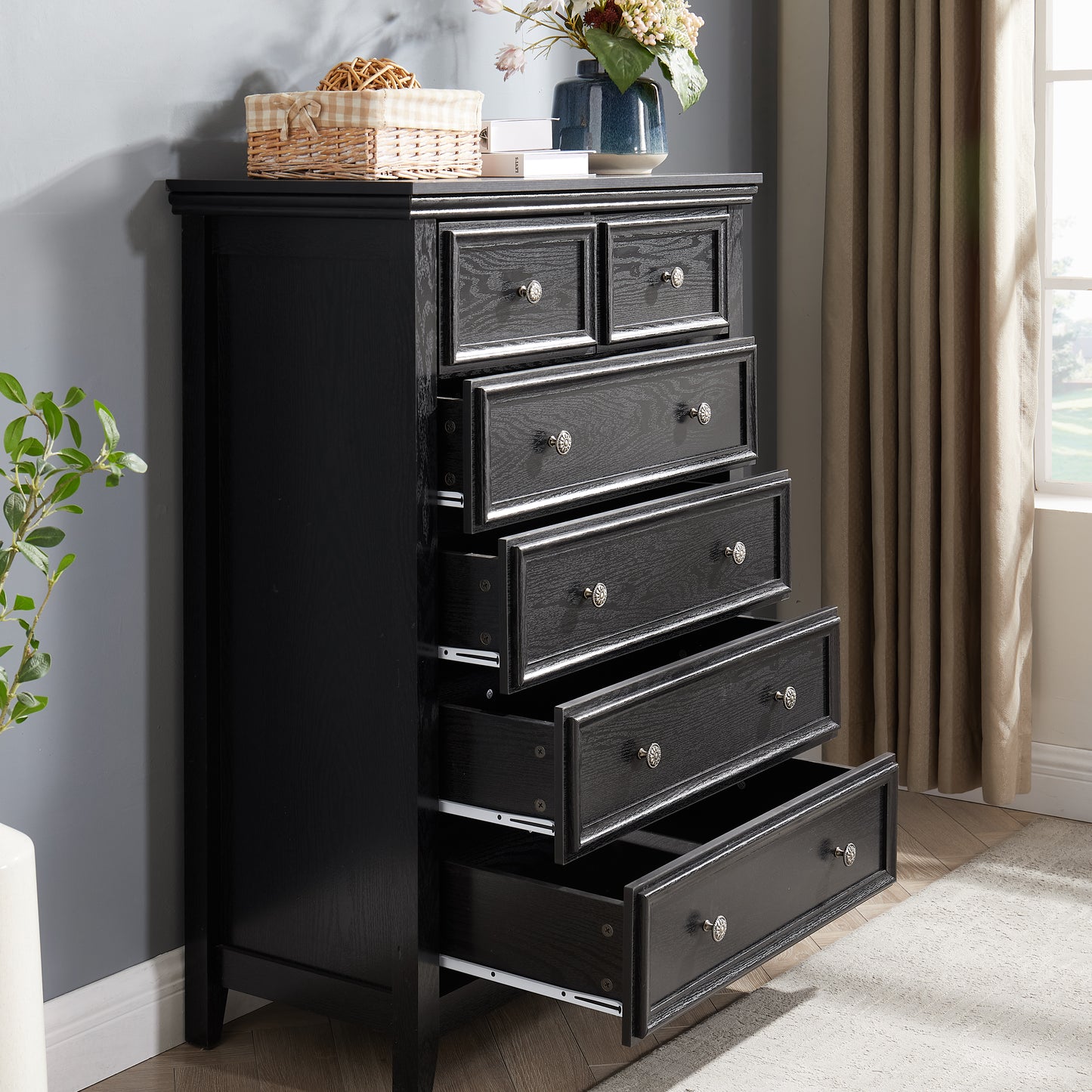 Modern 6-Drawer Dresser - Black Storage Cabinet for Living Room