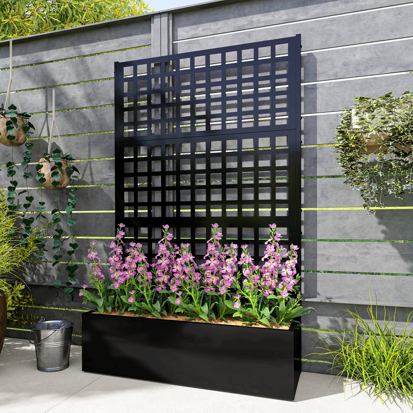 Galvanized Raised Garden Bed Planter with Trellis - 43x16x70 Inches, Black