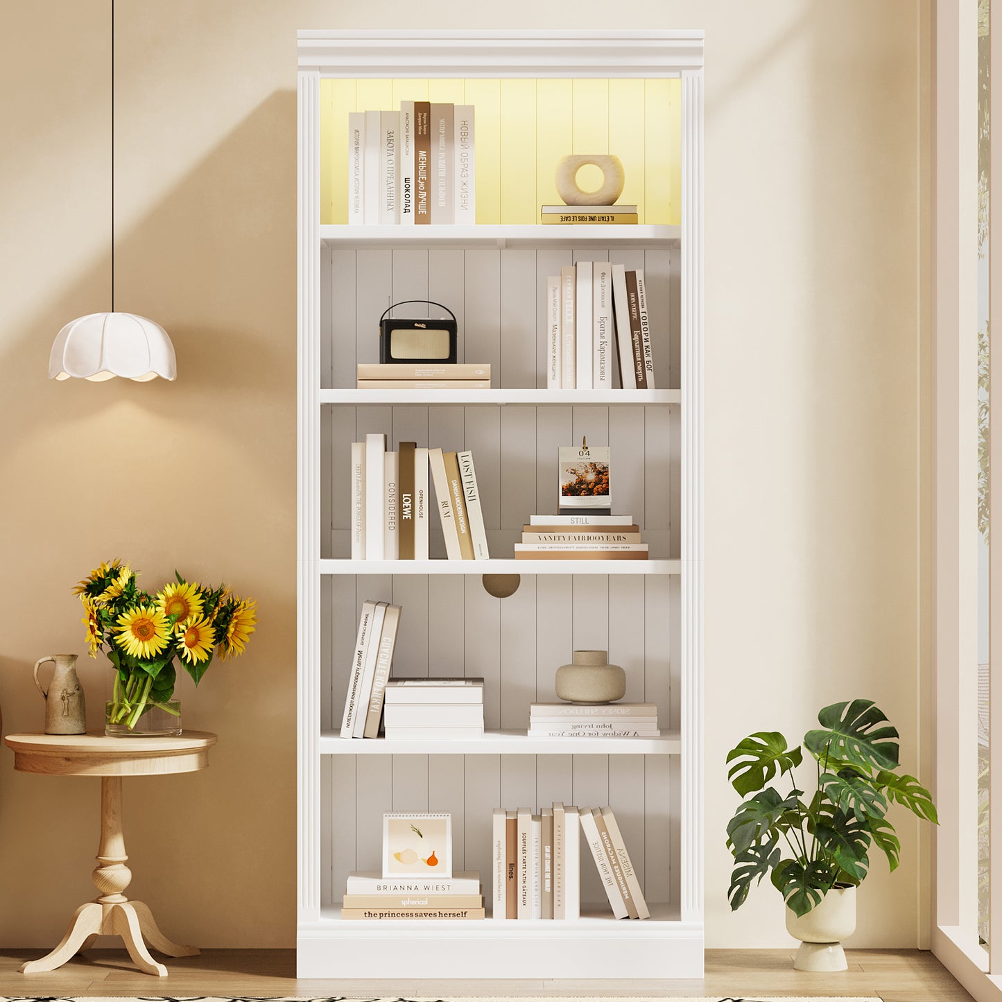 83.4 Tall Wood Bookcase With Light Strip,5-Tier Decor Bookshelves