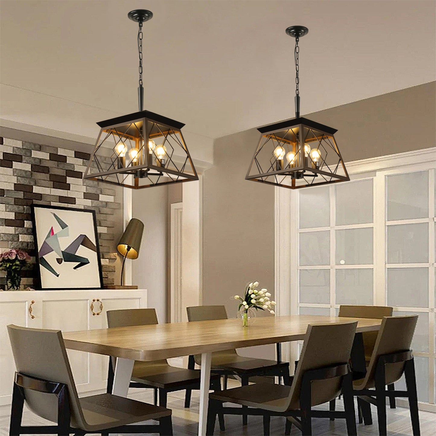 16-Inch Walnut Industrial 4-Light Pendant Chandelier - Adjustable Modern Design