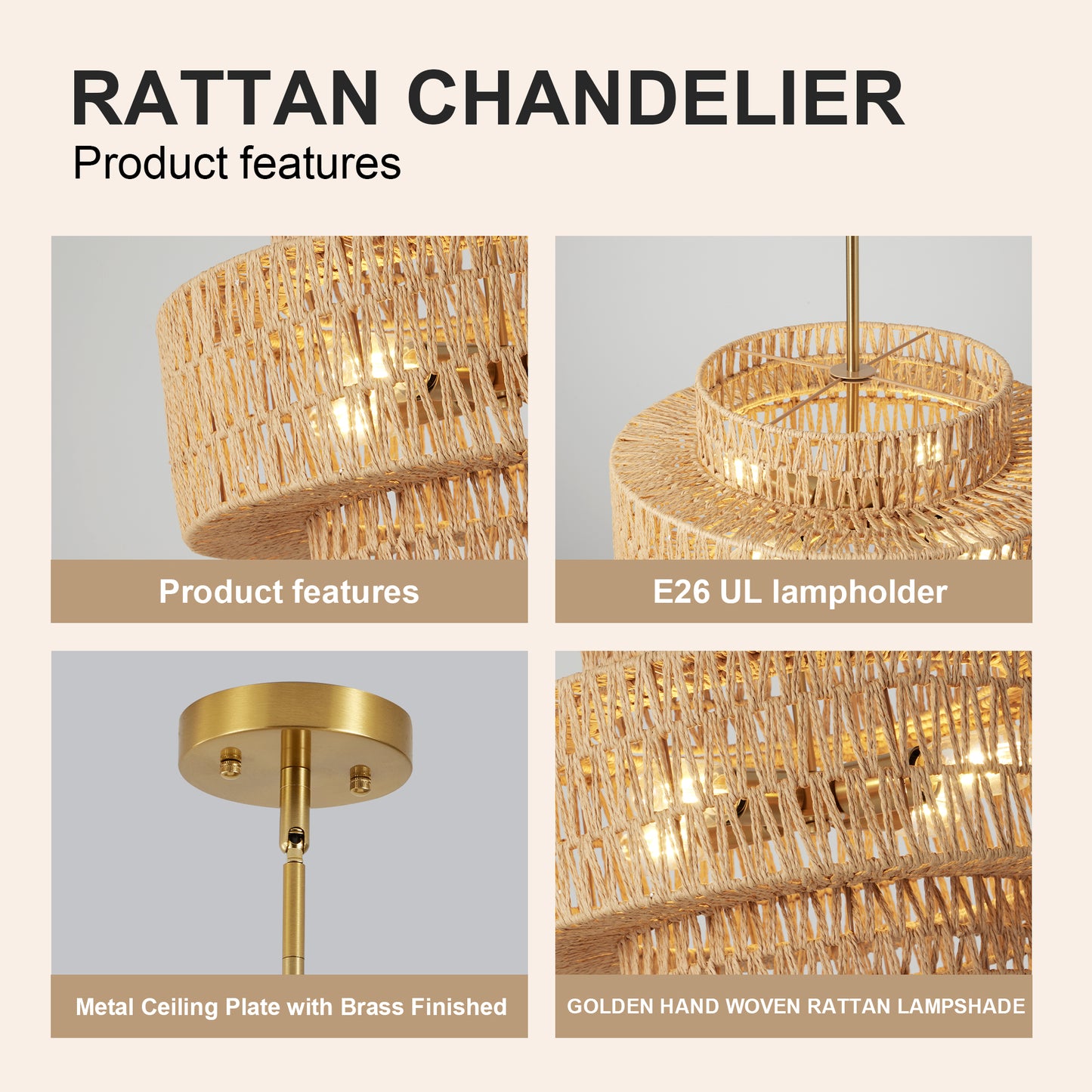 Boho Rattan Pendant Light Fixture - 17.7 Inch Farmhouse Chandelier, 4-Light
