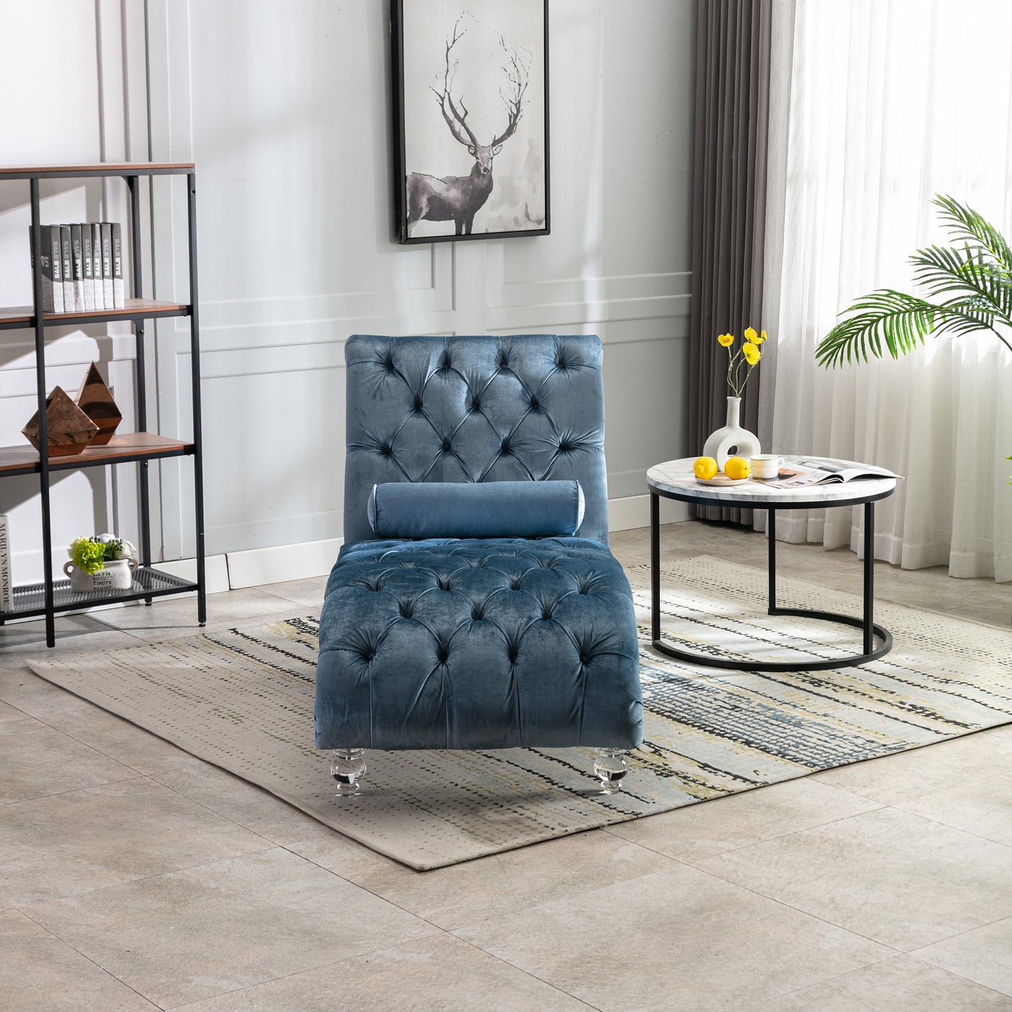 Light Blue Velvet Chaise Lounge Chair with Pillow - Indoor Use