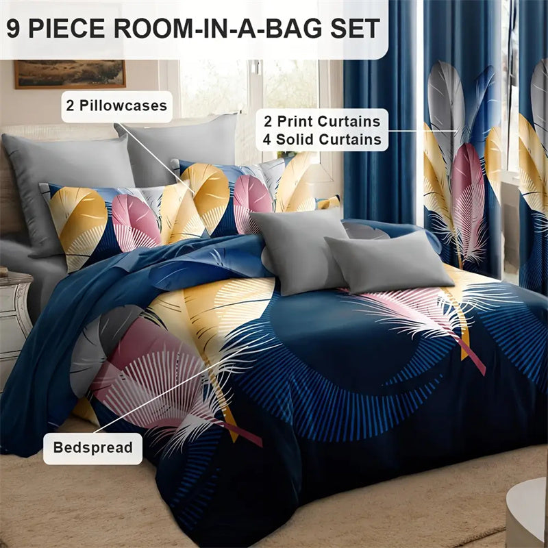 9-Piece Boho Feather Quilt and Curtain Set - Customizable Panels