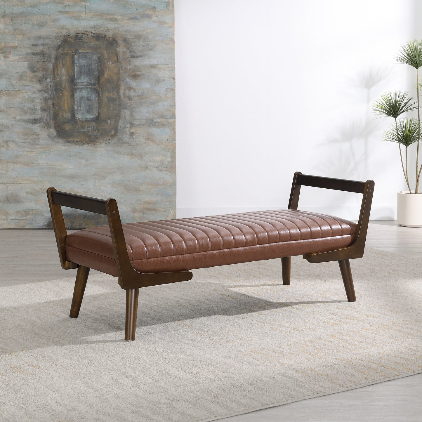 52 Mid Century Bench With Walnut Wood Leg,Channeled Upholstered