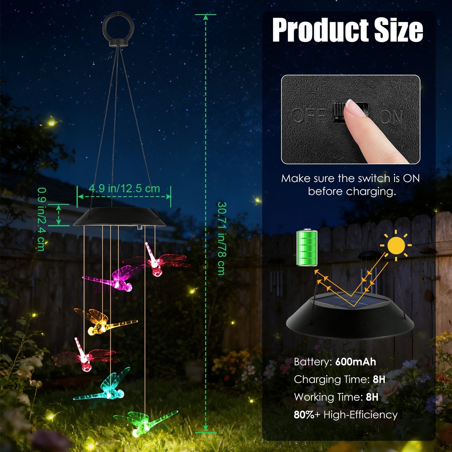 Solar Wind Chimes - 2 Pack Color Changing LED Dragonfly Lights