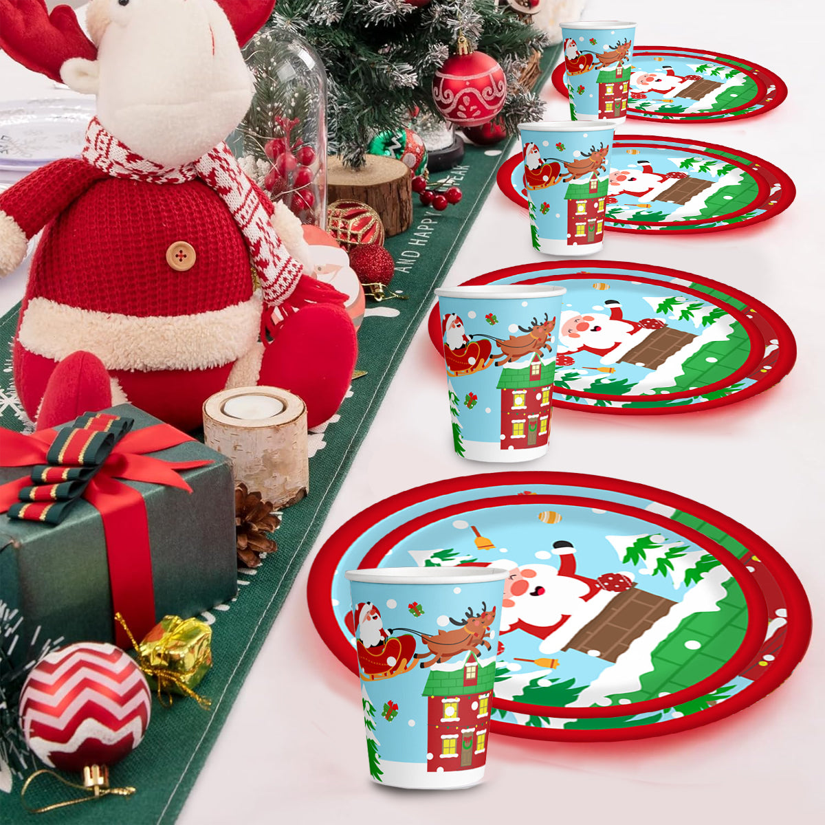 Christmas Paper Plates and Cups Set for 10 Guests - Santa & Elk