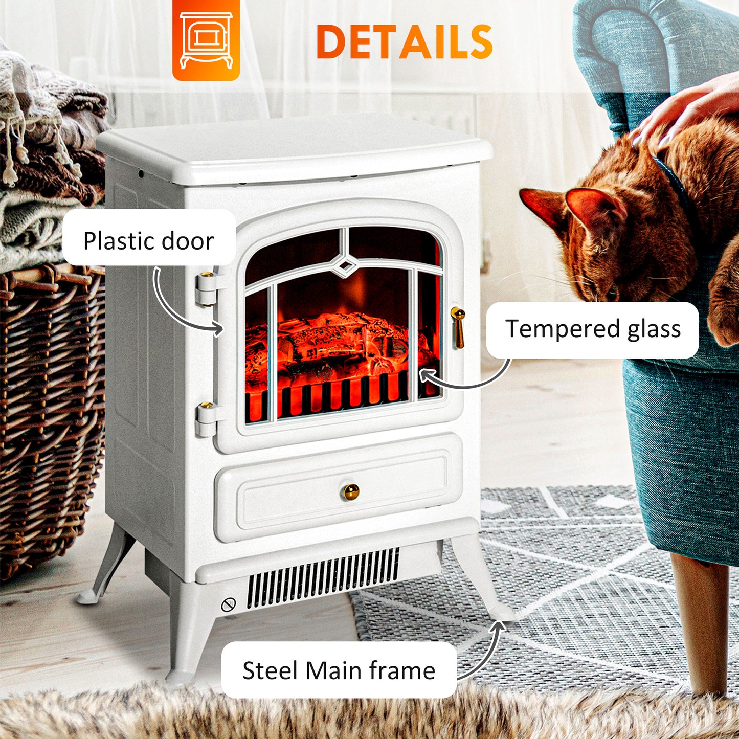 Electric Fireplace Heater with Realistic LED Flame and Logs - White, 725W/1450W