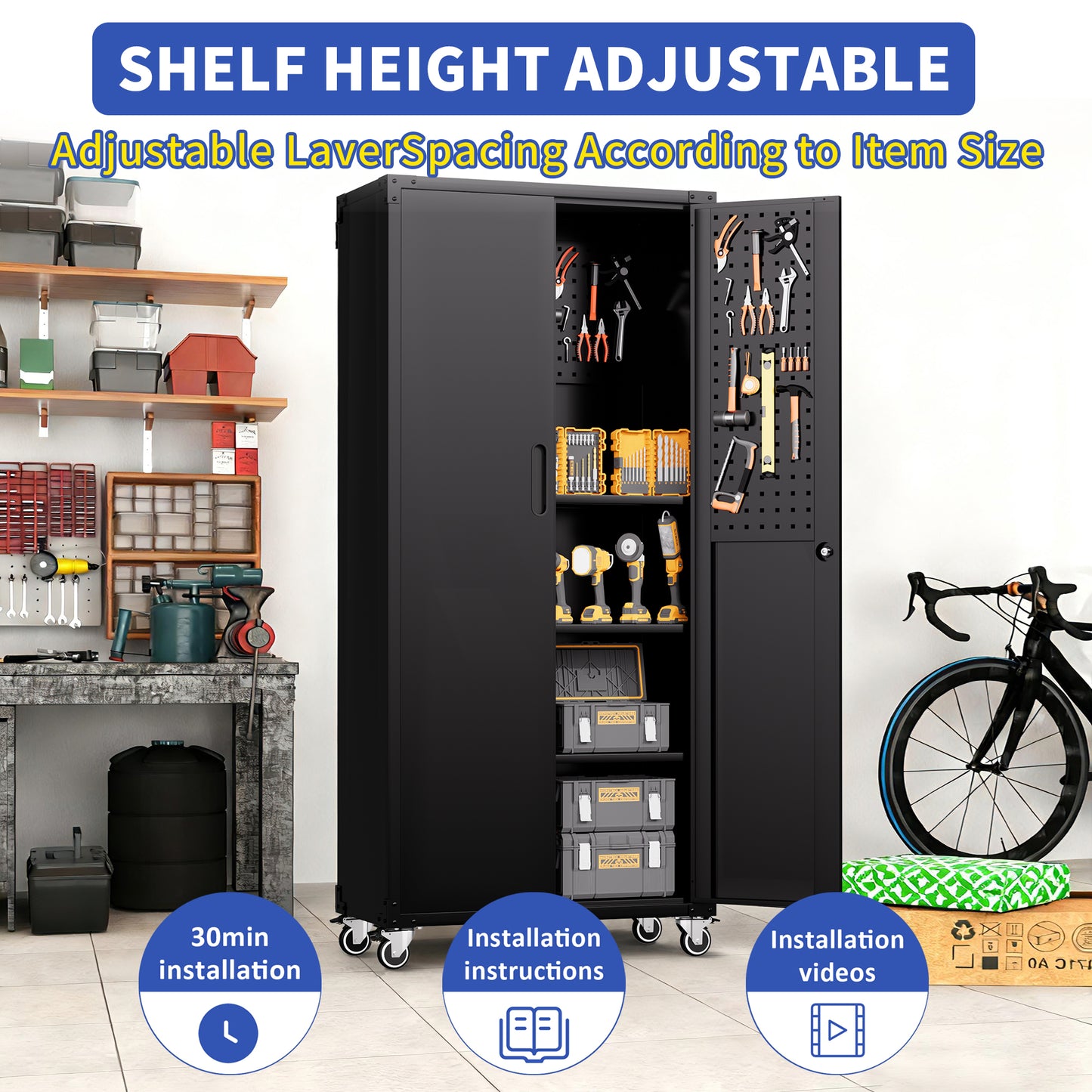 71 All-Black Metal Garage Storage Cabinet With Wheels - Heavy-Duty