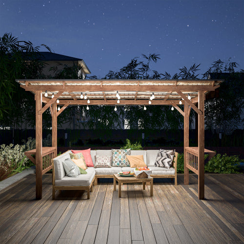 Wooden Pergola Grill Gazebo with Metal Roof, Bulbs & Bar Counters - 13x6.5 Feet